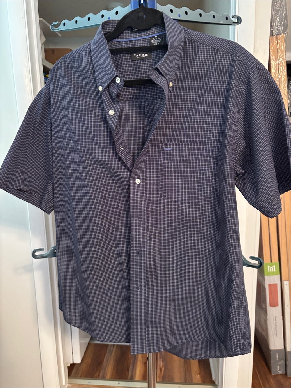 Van Heusen Navy and White Micro-Check Short Sleeve Button-Down Shirt